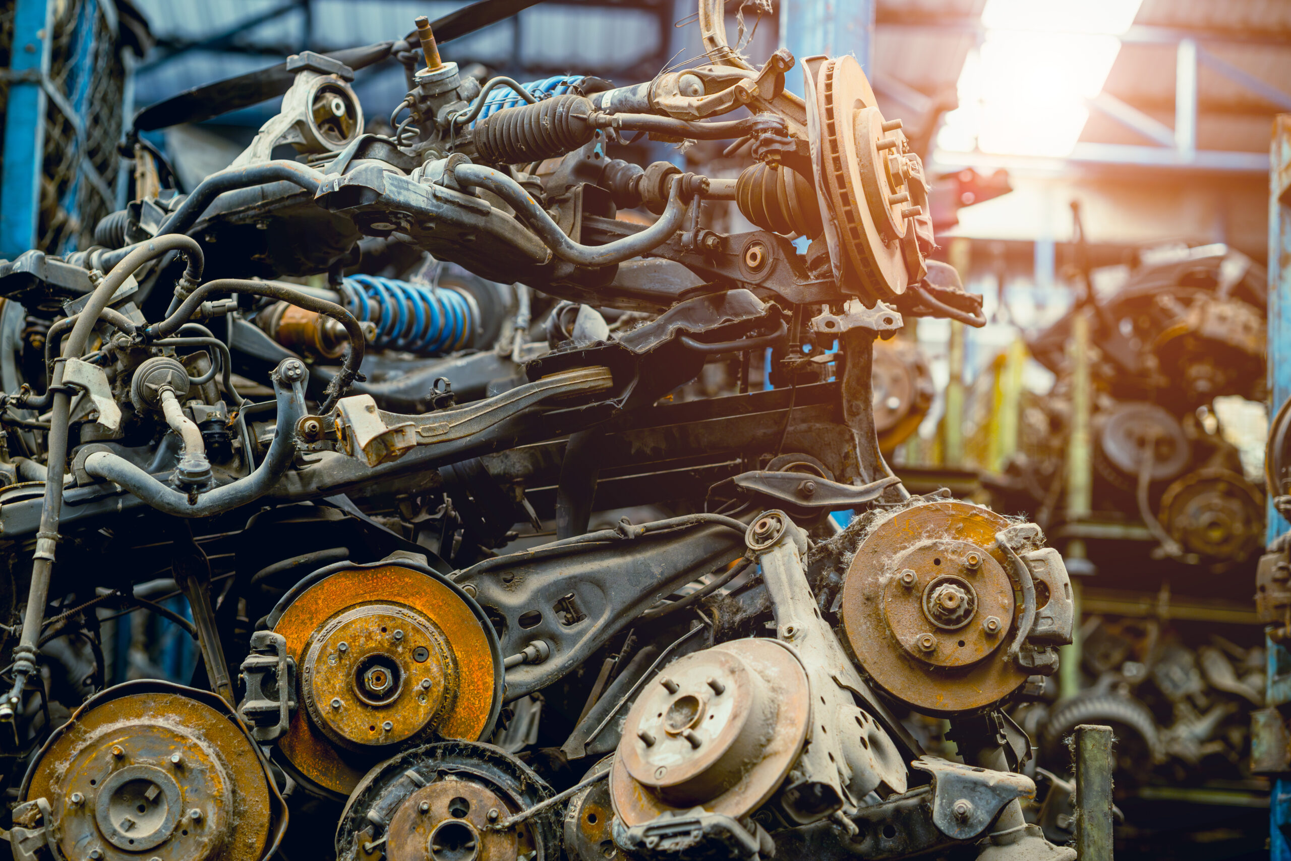 Stock Pile Of Used Auto Parts Store For Sale Recycle, Car Old Wheel Hub Spare Part From Scrapyard