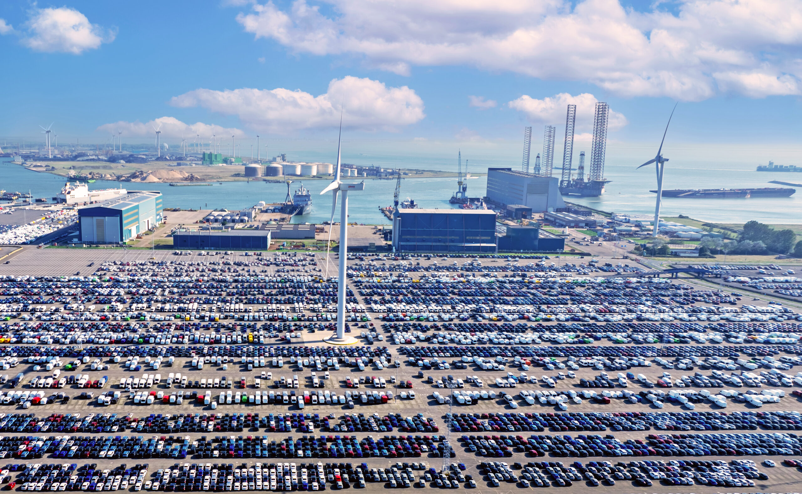 Aerial From Cars To Import In The Harbor From Vlissingen In The Netherlands