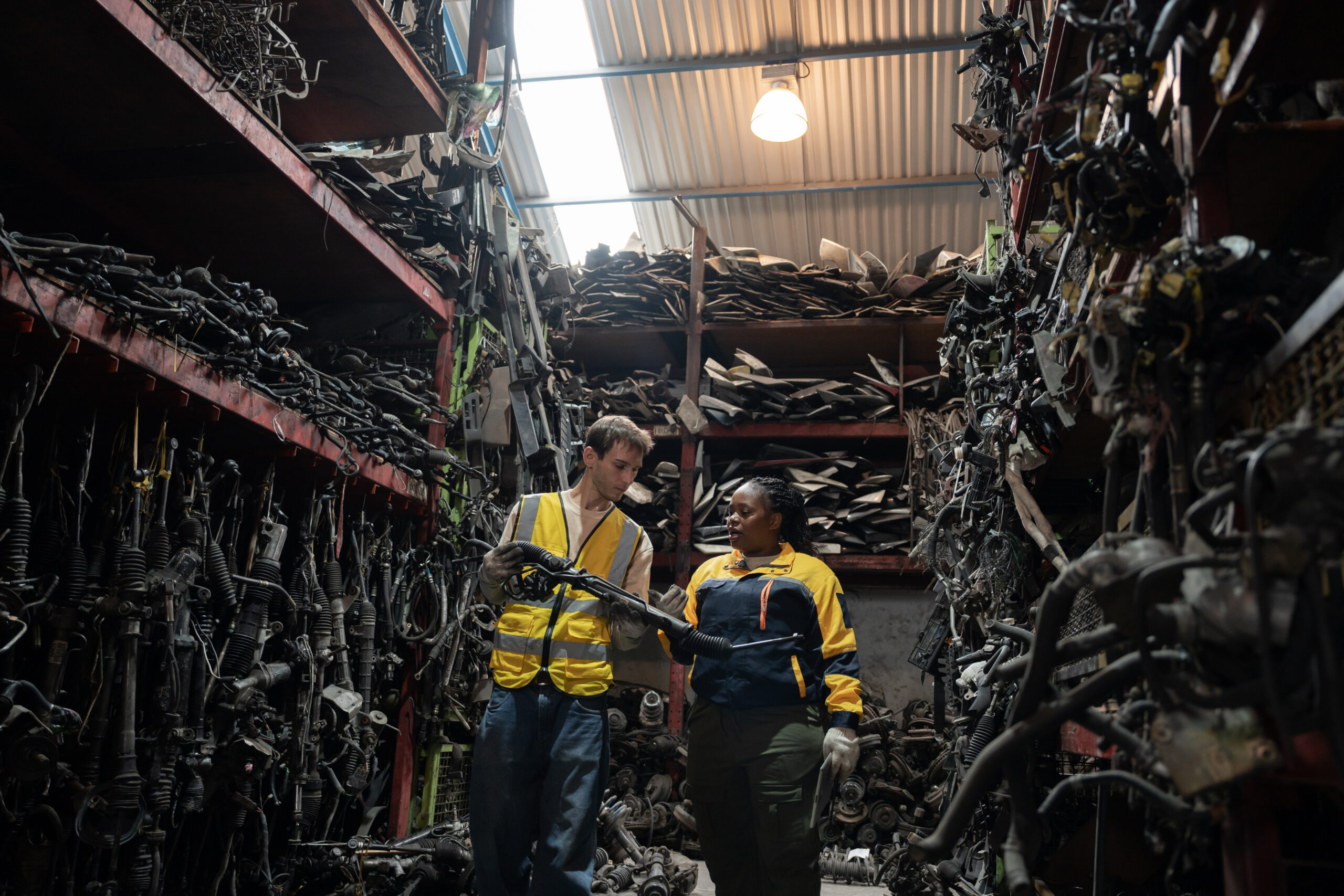 Caucasian Technician And Technician African Woman Or Engineer Checking Car Part With Car Part Background