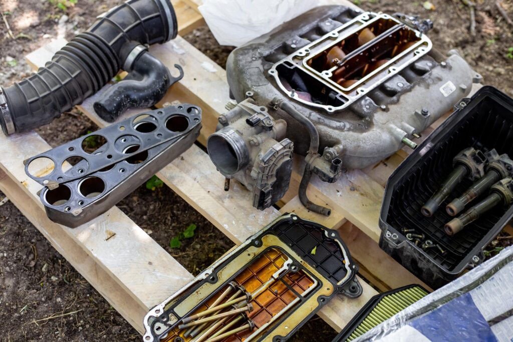Car Repair. Car Intake Manifold Parts In Disassembly